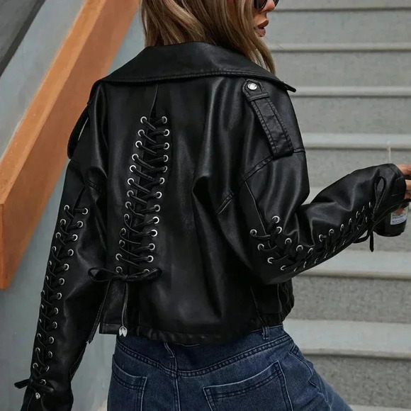Black Casual Women's Retro Punk Style Cropped Pu Leather Moto Jacket With Straps - Picture 4 of 6